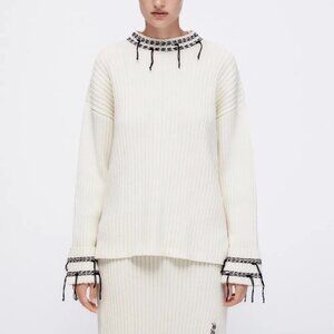 Zara Cream Sweater with cuffs and Skirt Set with Black Accents Size L EUC